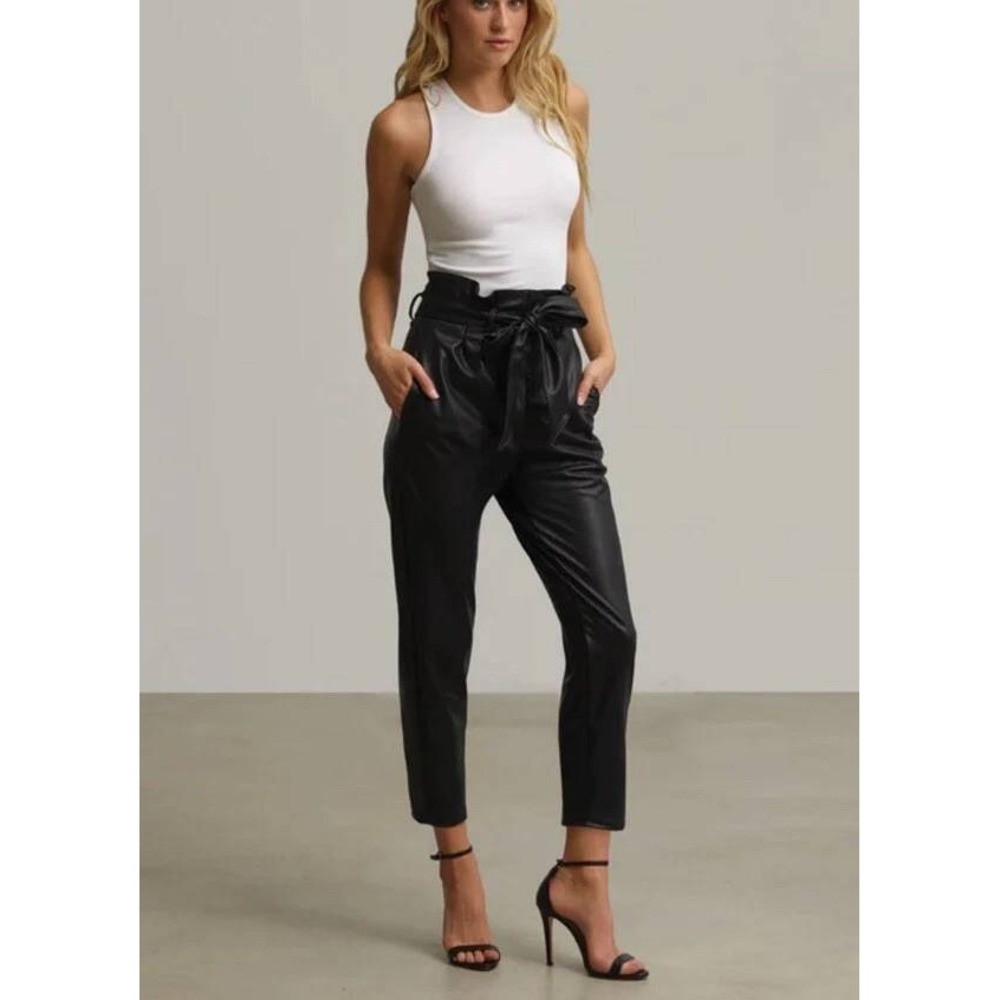 Commando Faux Leather Paperbag Pant‎ Women XL Black High Waist Tapered SLP501